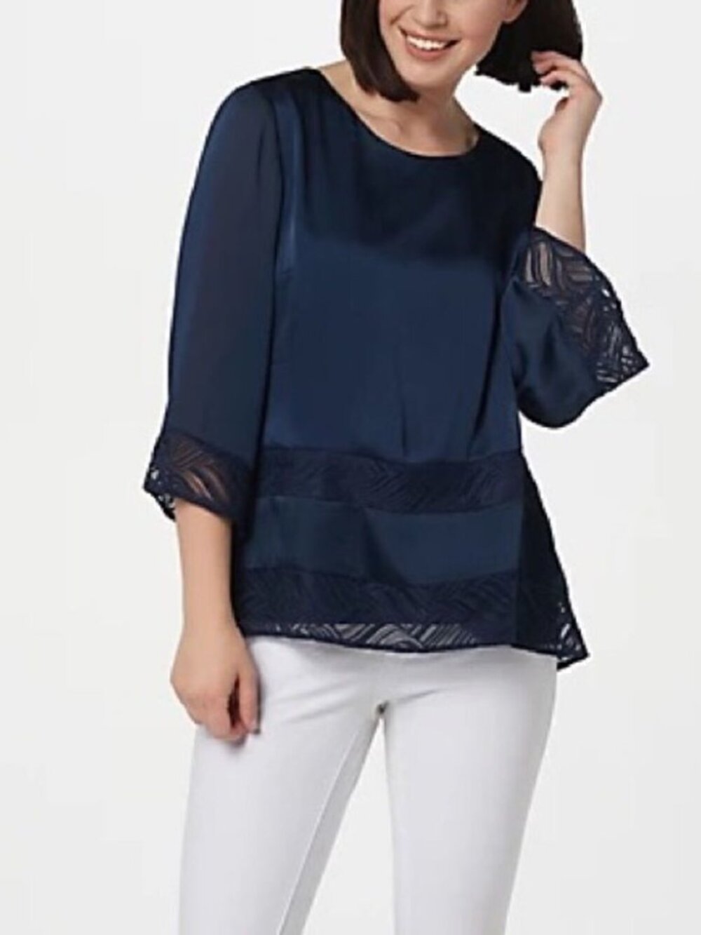 H by Halston Scoop-Neck 3/4-Sleeve Blouse with Lace Details